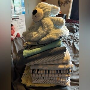 11 receiving blankets burp cloths and teddy snuggle buddy